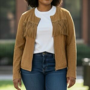 Suede Leather Fringe Jacket 3X Chestnut Brown Boho Western Biker Rodeo Denim&Co